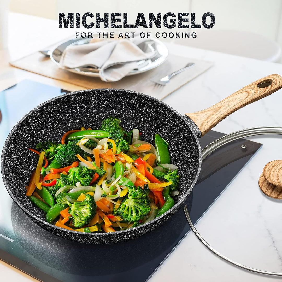 MICHELANGELO Induktion Wokpfanne 28cm mit Deckel, Wok mit Deckel 28cm, Spülmaschinenfest Antihaft Wo