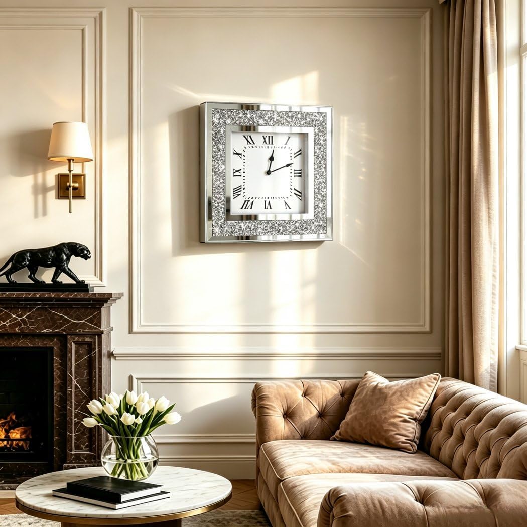Crystal Crush Diamond Mirrored Square Wall Clock with Sparkle Twinkle Bling Diamond Decor for Wall D