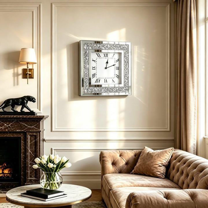 Crystal Crush Diamond Mirrored Square Wall Clock with Sparkle Twinkle Bling Diamond Decor for Wall D