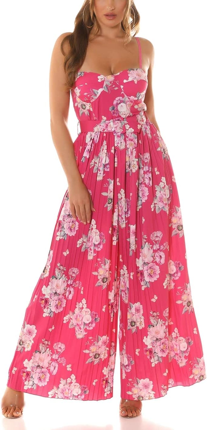 Flower Printed Plissee Extreme Marlene Jumpsuit Overall mit Gürtel One Size (Einheitsgrösse)