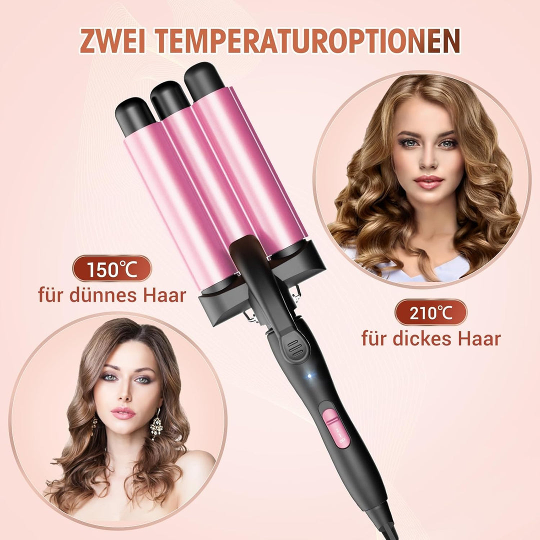 Lockenstab 3 Fässer, Beach Waves Welleneisen mit einstellbarer Temperatur, PTC Schnellheizung Schnel