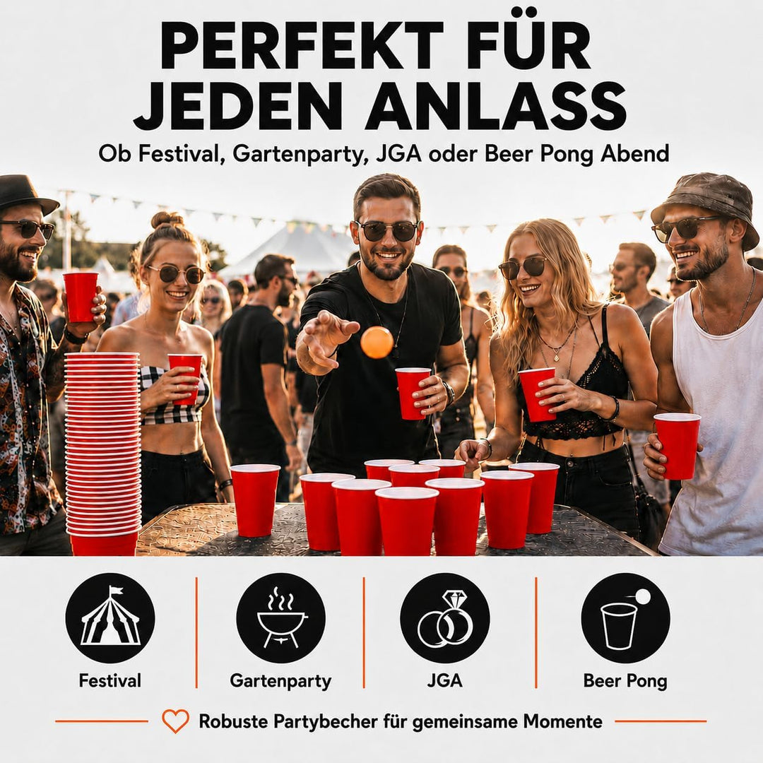 MYBEERPONG® Rotes Bierpong Becher Set | 100 Red Cups + 6 Beer Pong Bälle | 16 oz (~ 0,5 l) | Party B