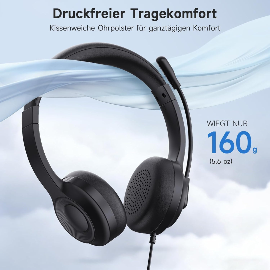 AOC Headset mit Mikrofon, Kabelgebundene On-Ear PC-Headsets mit Geräuschunterdrückung, 40mm Treiber,