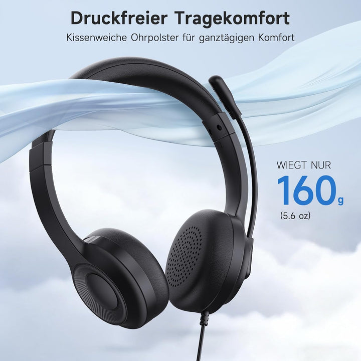 AOC Headset mit Mikrofon, Kabelgebundene On-Ear PC-Headsets mit Geräuschunterdrückung, 40mm Treiber,