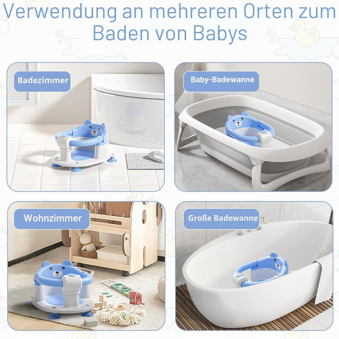 Badewannensitz Baby ab 6 Monate, Bär Rutschfester Badesitz Baby mit 4 Saugnäpfen und Kissen für Klei