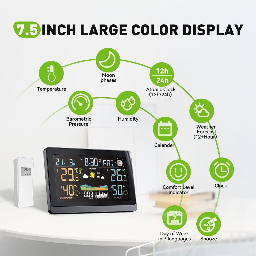 DC Grosse Wetterstation für den Innen- und Aussenbereich, kabellos, Display VA von 7,5 Zoll, Farbe m