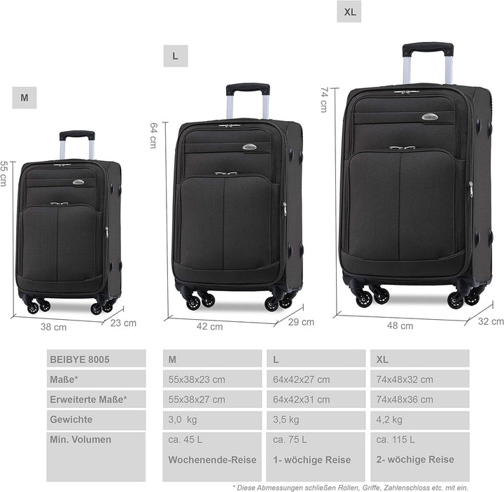 BEIBYE 4 Rollen Reisekoffer 3tlg.Stoffkoffer Handgepäck Kindergepäck Gepäck Koffer Trolley Set-XL-L-