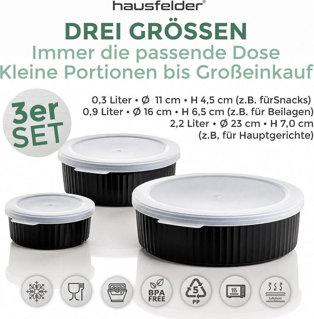 Hausfelder Keksdose 3er Set Rund mit Deckel - Vorratsdosen Kunststoff 0,3L 0,9L 2,2L Anthrazit - Plä