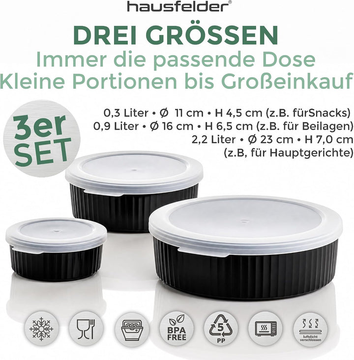 Hausfelder Keksdose 3er Set Rund mit Deckel - Vorratsdosen Kunststoff 0,3L 0,9L 2,2L Anthrazit - Plä