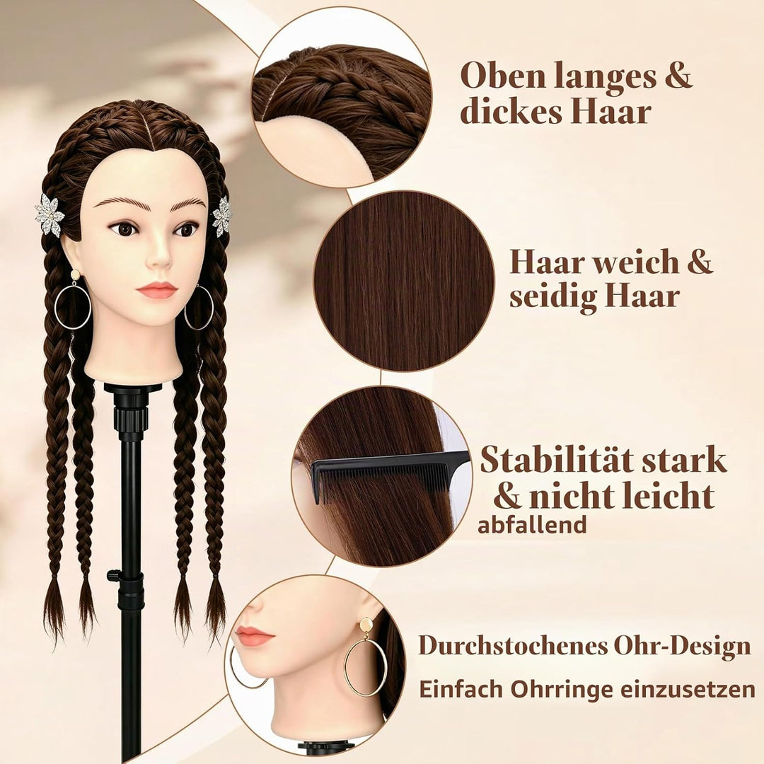 Yofuly 24Zoll / 61cm Frisierkopf mit Ohrlöchern, 80% Echthaar Übungskopf, Frisieren Trainingsköpfe P
