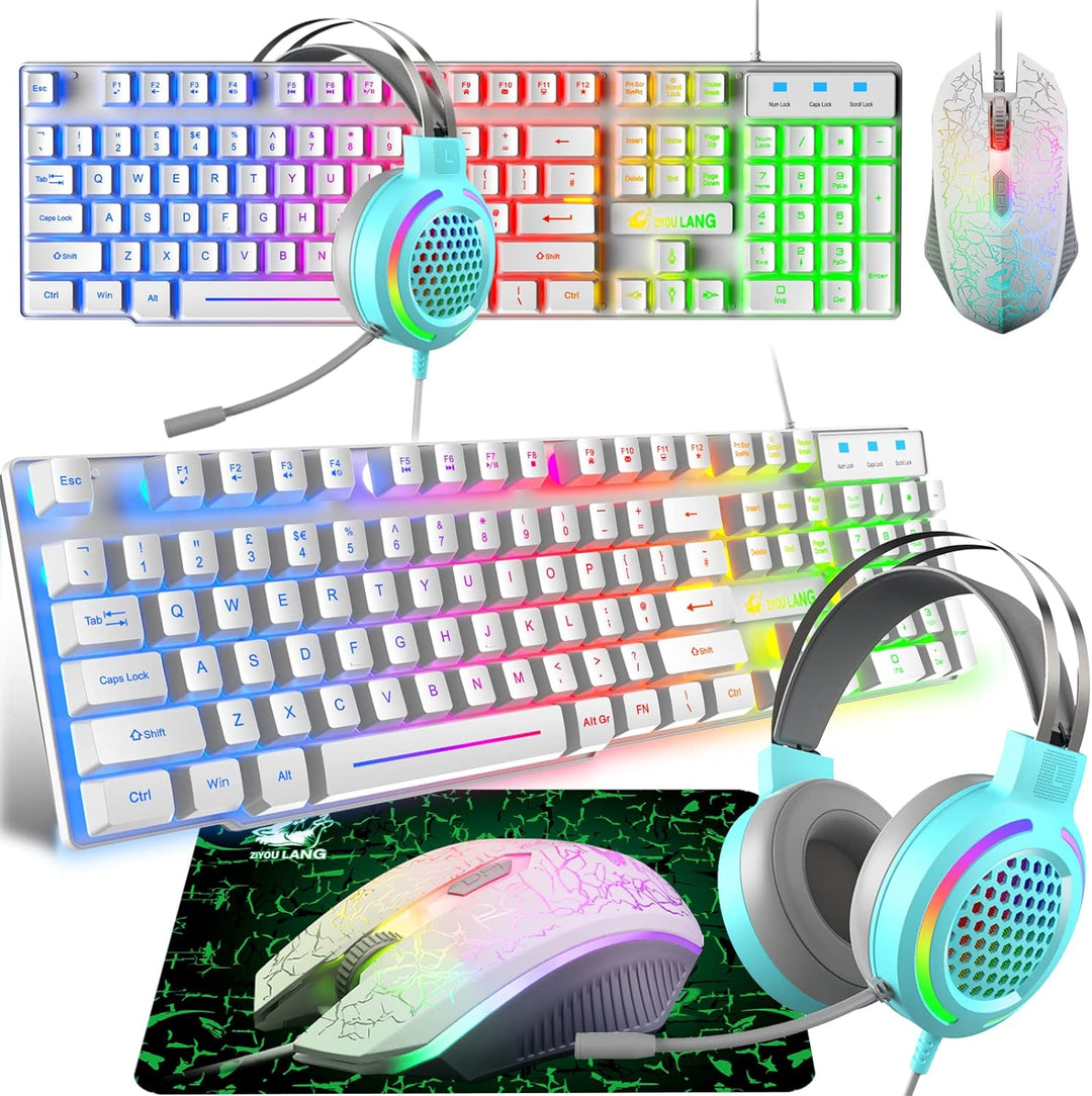 Gaming Tastatur Headset & Maus Set, 104 Tasten Rainbow Backlit UK Layout Tastatur 2400DPI Maus 7.1 S