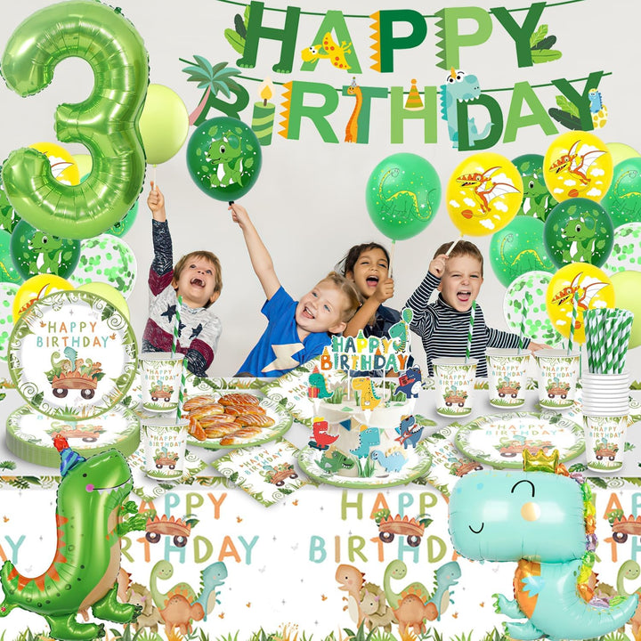 Dino Geburtstag Deko 3 Jahre, Dinosaurier Partygeschirr Set, Geburtstagsdeko 3 Jahre Junge, Dinosaur