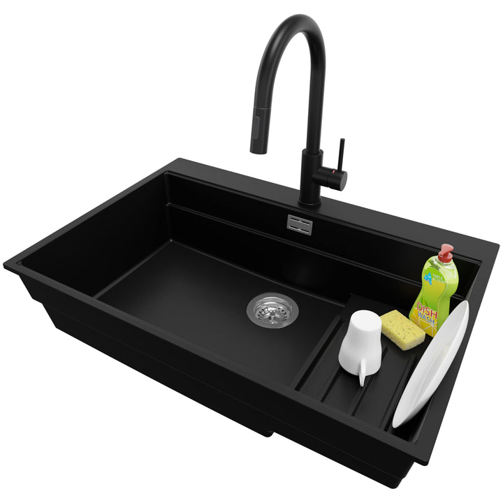 PRIMAGRAN Granitspüle Schwarz 78x53cm, Spülbecken 1 Becken + Ablauf-Set + Küchenarmatur 40x22cm, Küc