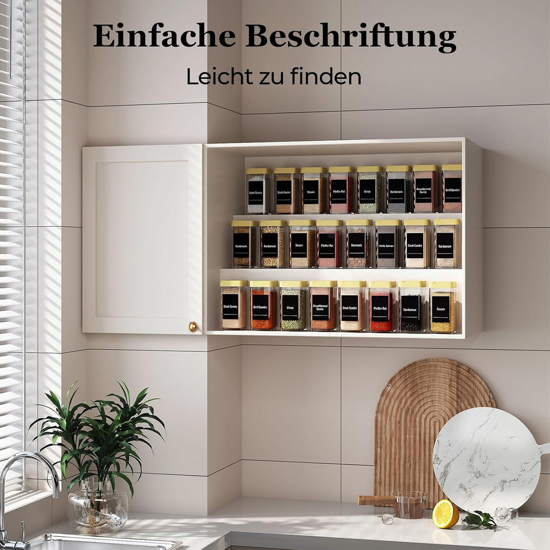 Gewürzgläser Eckig Set mit Deckel [32 x 120ml], 120 Etiketten | Luftdichte Gewürzstreuer mit Streuei