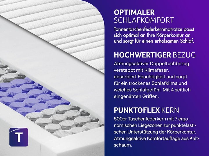 Traumnacht Komfort 7-Zonen 500er Tonnentaschenfederkernmatratze mit Viskose Bezug Härtegrad H3 (mitt