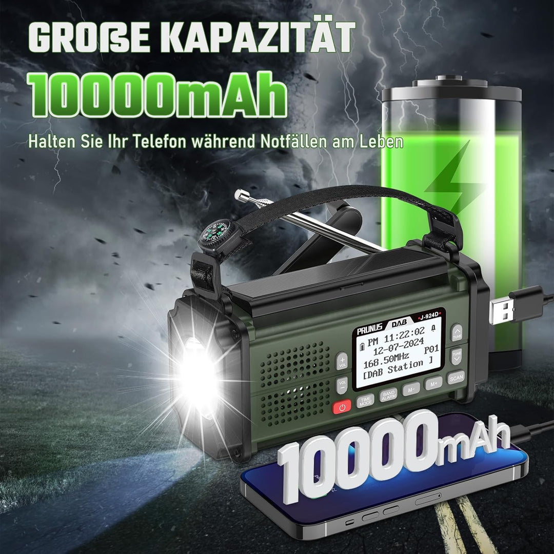 PRUNUS J-924 Digital Radio DAB/DAB+/UKW, Kurbelradio Notfall mit 10000mAh Akku, DAB Radio mit Blueto