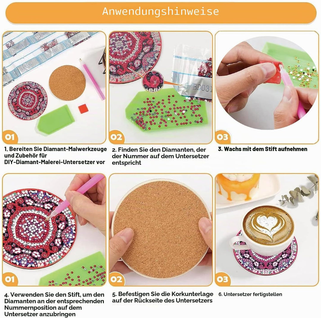 Muzagroo Art Set mit 8 Mandala-Glasuntersetzern mit Halterung - 5D Diamant-Kunst-Set für Anfänger -