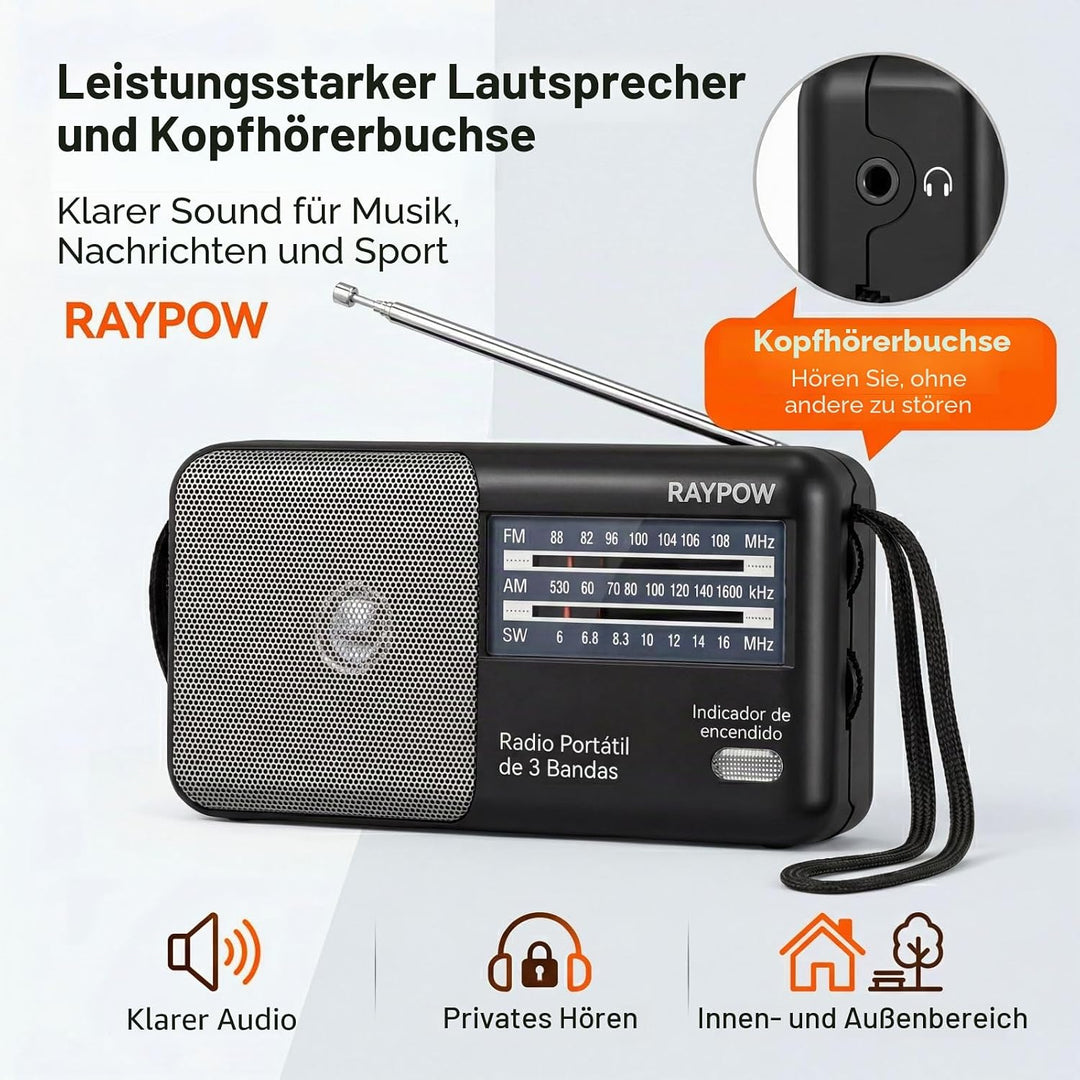 Tragbares Radio, 3-Band-FM/AM/SW8~SW18 Transistorradio, tragbare Tasche, funktioniert mit 2 AA-Batte