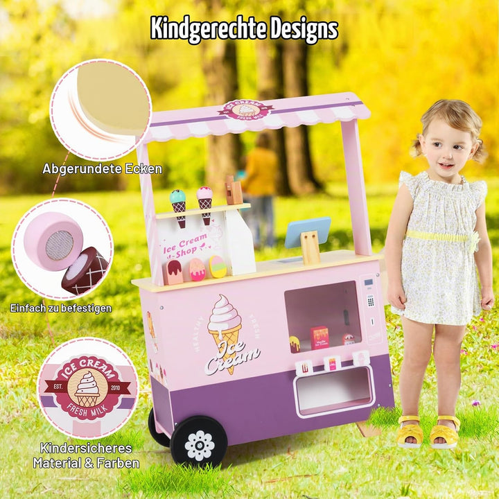 HOMASIS Kinder Eiswagen Holz mit 15 Zubehör, Kaufladen mit 6 Spielzeug-Eiscreme, Eismaschine, Verkau