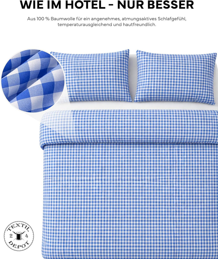Landhaus Bettwäsche Garnitur 2-teilig 135 x 200 cm + 80 x 80 cm Baumwolle kariert blau-weiss Blau-we
