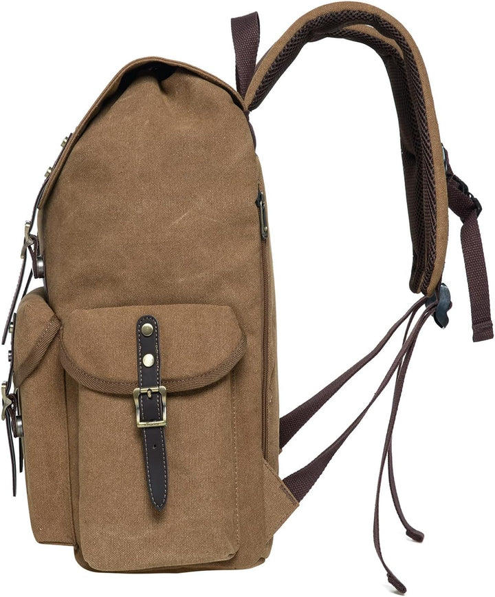 KAUKKO Canvas Retro Rucksack Damen Herren, Vintage Jagdrucksack Wanderrucksack mit 14 Zoll Laptopfac