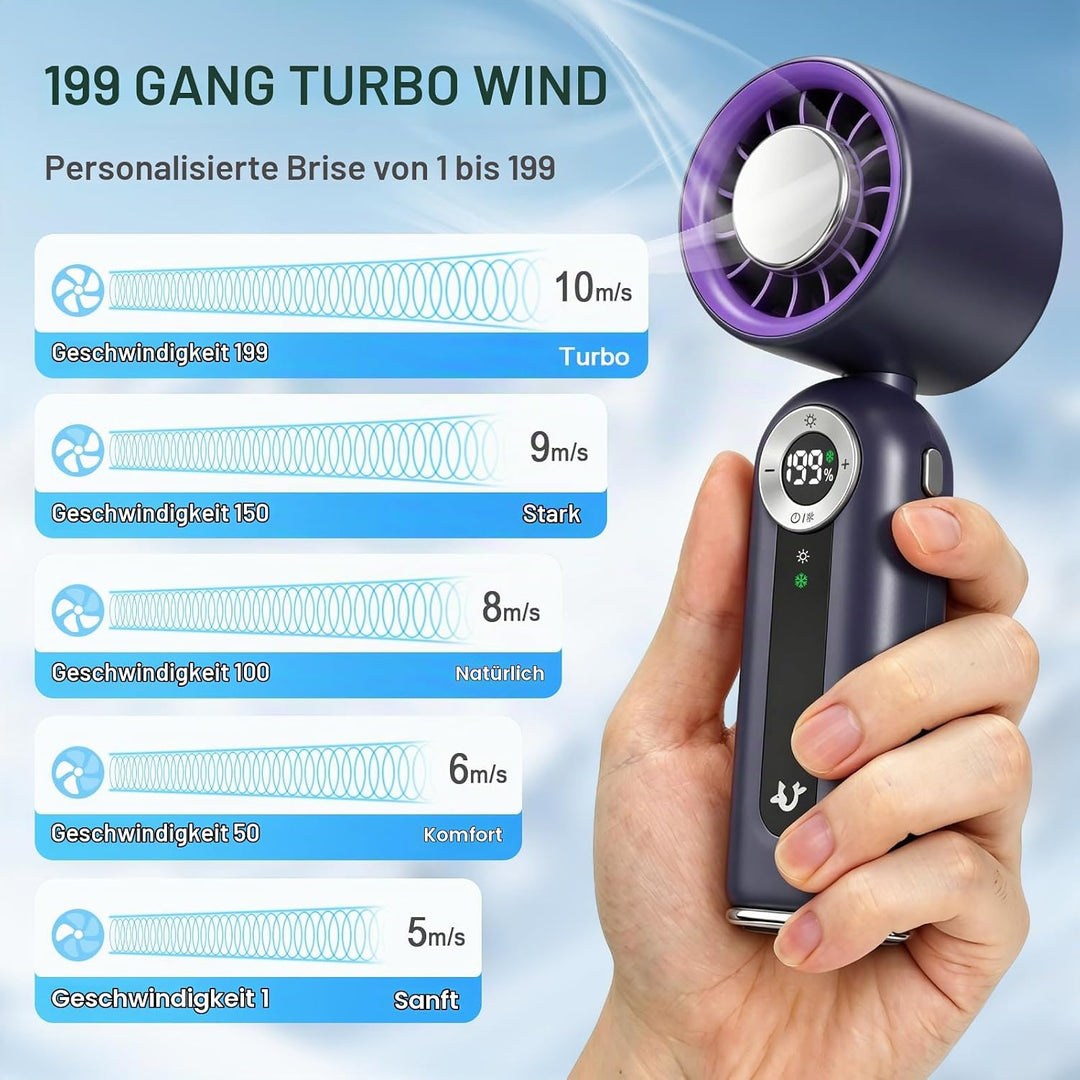 Handventilator mit Kühlfunktion &amp; LED-Display, 1-199 Turbo-Stufen, USB-C | Leise, kompakt, für Reise