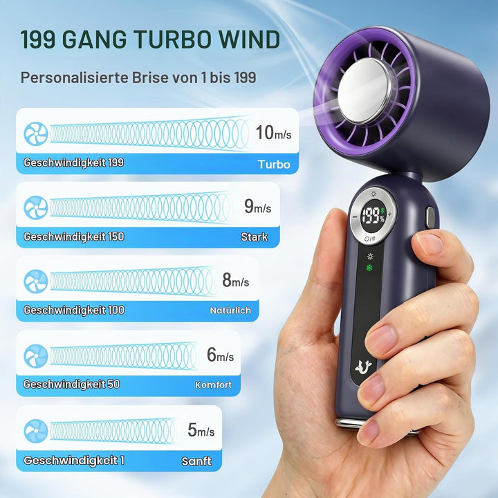 Handventilator mit Kühlfunktion &amp; LED-Display, 1-199 Turbo-Stufen, USB-C | Leise, kompakt, für Reise