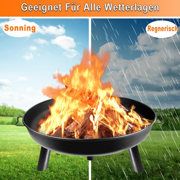 Aufun Feuerschale Ø 76 cm Rund, Multifunktionale Gusseisen Metallschale mit Griffen und 3 Abnehmbare
