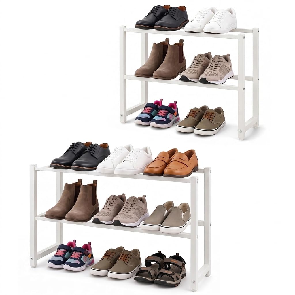 Ausziehbar Schuhregal mit 2 Etagen, Metall-Schuhständer Schmal Kleines Schuhregal, Robustes Design,