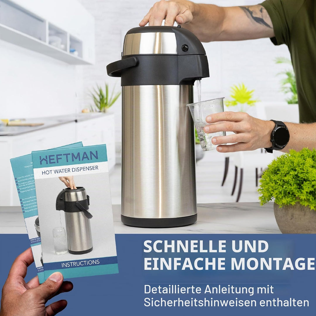 HEFTMAN Kaffeekanne Thermo 5L - Thermoskanne Edelstahl Airpot Pumpflasche | Doppelwandige Isolierung