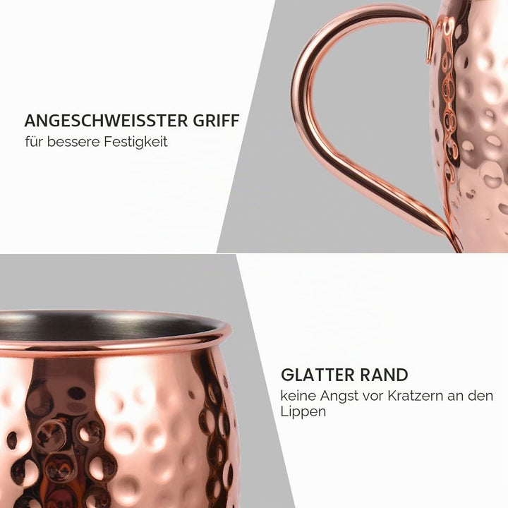 Eligara Moscow Mule Becher Kupferbecher Gehämmert und Handgefertigt Kupfertassen mit 4 Gläsern, 4 Un