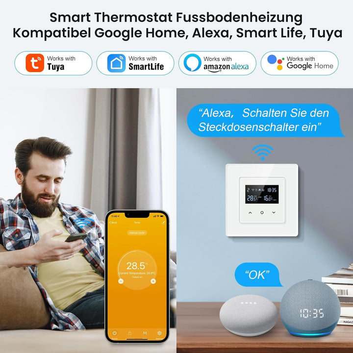 MIUCDA Thermostat Fussbodenheizung Wasser 3A, Tuya Smart WiFi Raumthermostat Fussbodenheizung Progra