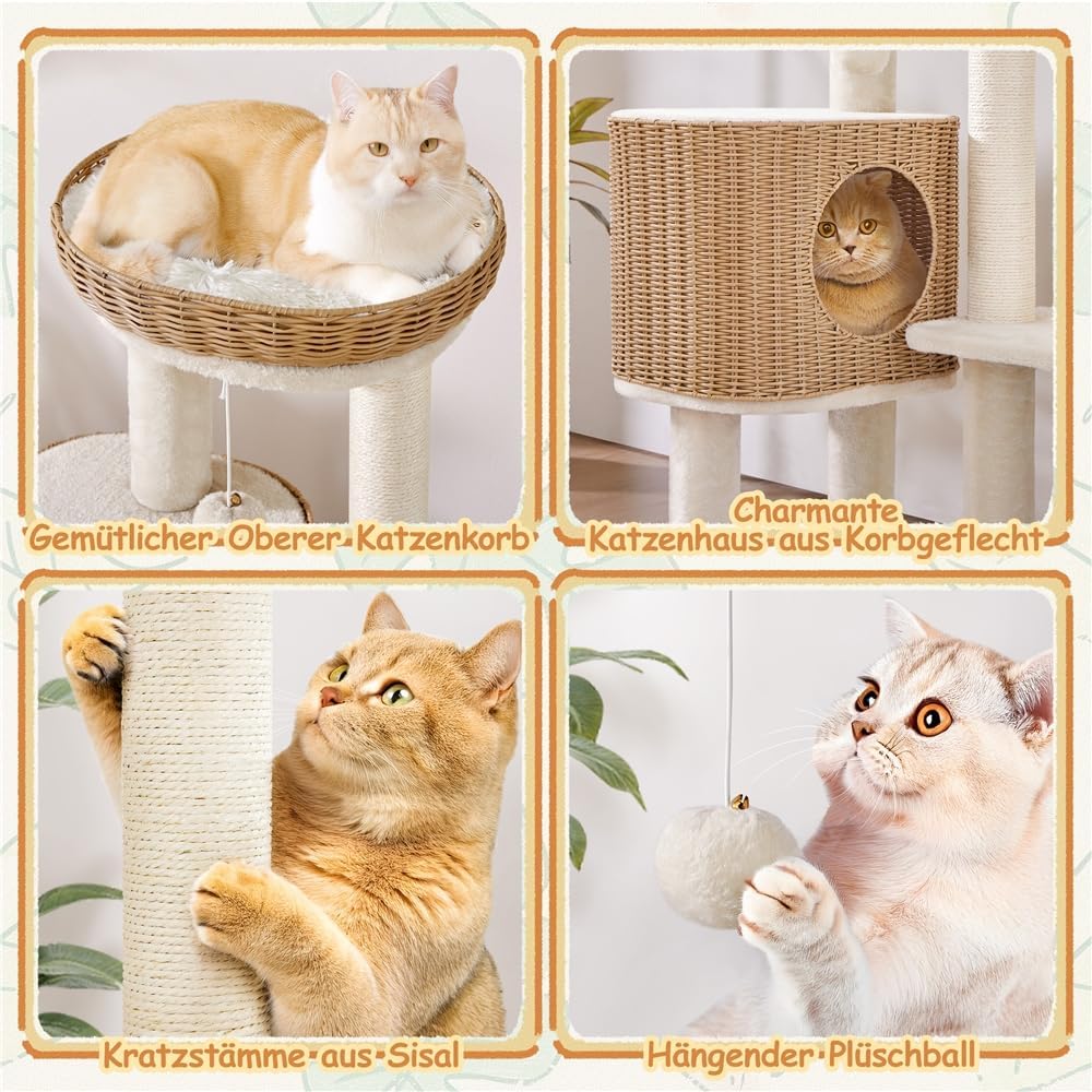 Yaheetech Kratzbaum Rattan Kletterbaum für grosse Katze bis 10 Kg, Stabiler Katzenbaum 91cm mit gros