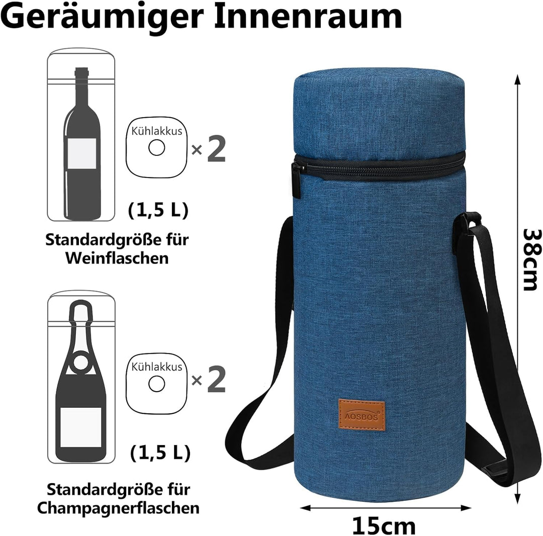 Aosbos Grosse Kühltasche für 1,5L Weinflasche Champagner Flaschenhalter mit verstellbarem Schultergu