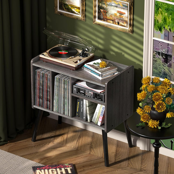 Plattenspielertisch, Plattenspielerständer aus der Mitte des Jahrhunderts mit Vinylaufbewahrung für