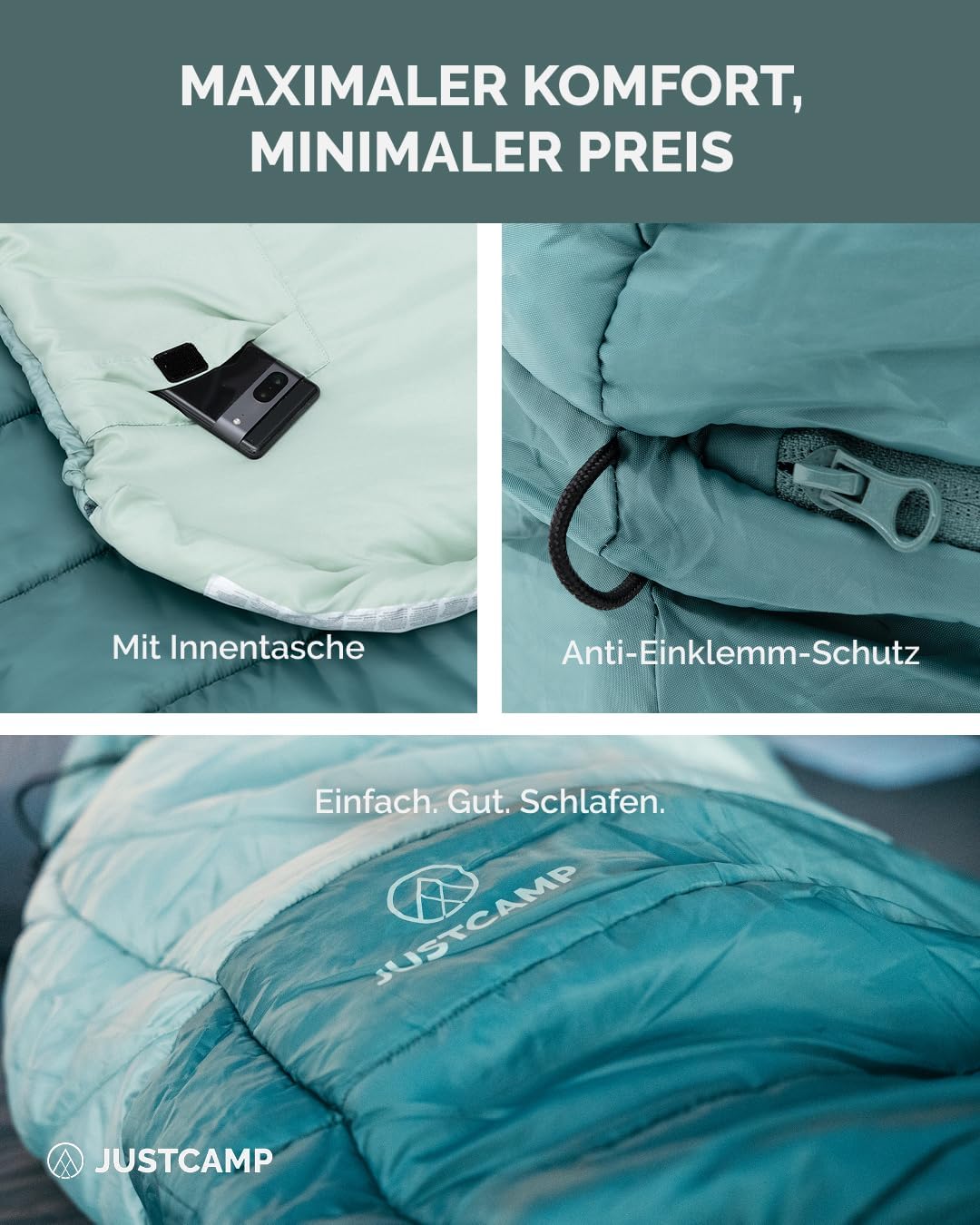 Justcamp Melvin XXL 4 Schlafsack für Erwachsene, Camping Schlafsack 3-Jahreszeiten, Mint