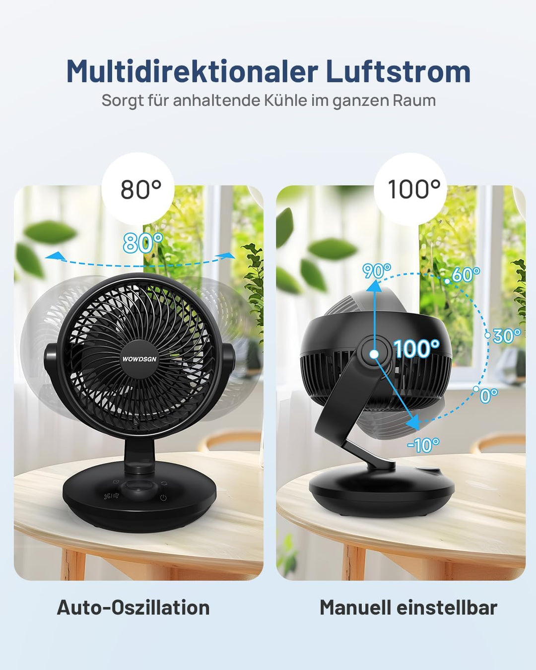 WOWDSGN Ventilator Leise 22dB Mit 6 Stufen & Display - 9-Stunden-Timer, Leistungsstarker 3D Turbo-Lu