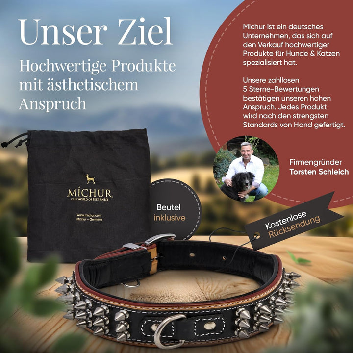 MICHUR Strike NO. 1 Hundehalsband Leder, Halsband, Lederhalsband Hund, Nieten, Halsband Leder MIT Ni