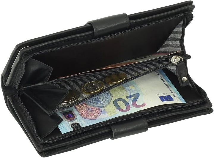 Luxus Leder Damen Geldbörse Portemonnaie Geldbeutel XXXL mit Reissverschluss 18,5 cm Farbe Schwarz,