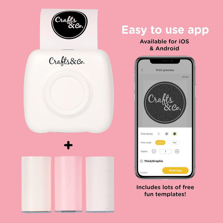 Crafts&Co® Portable Photo Printer, Mobile Mini Printer with 3 Rolls + App, Wireless Pocket Printer,