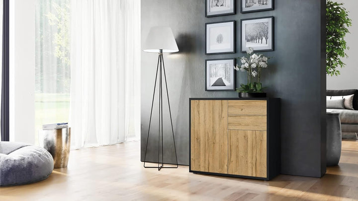 Vladon Sideboard Ben, Kommode mit 2 Türen und 2 Schubladen, Schwarz matt/Eiche Natur (79 x 74 x 36 c