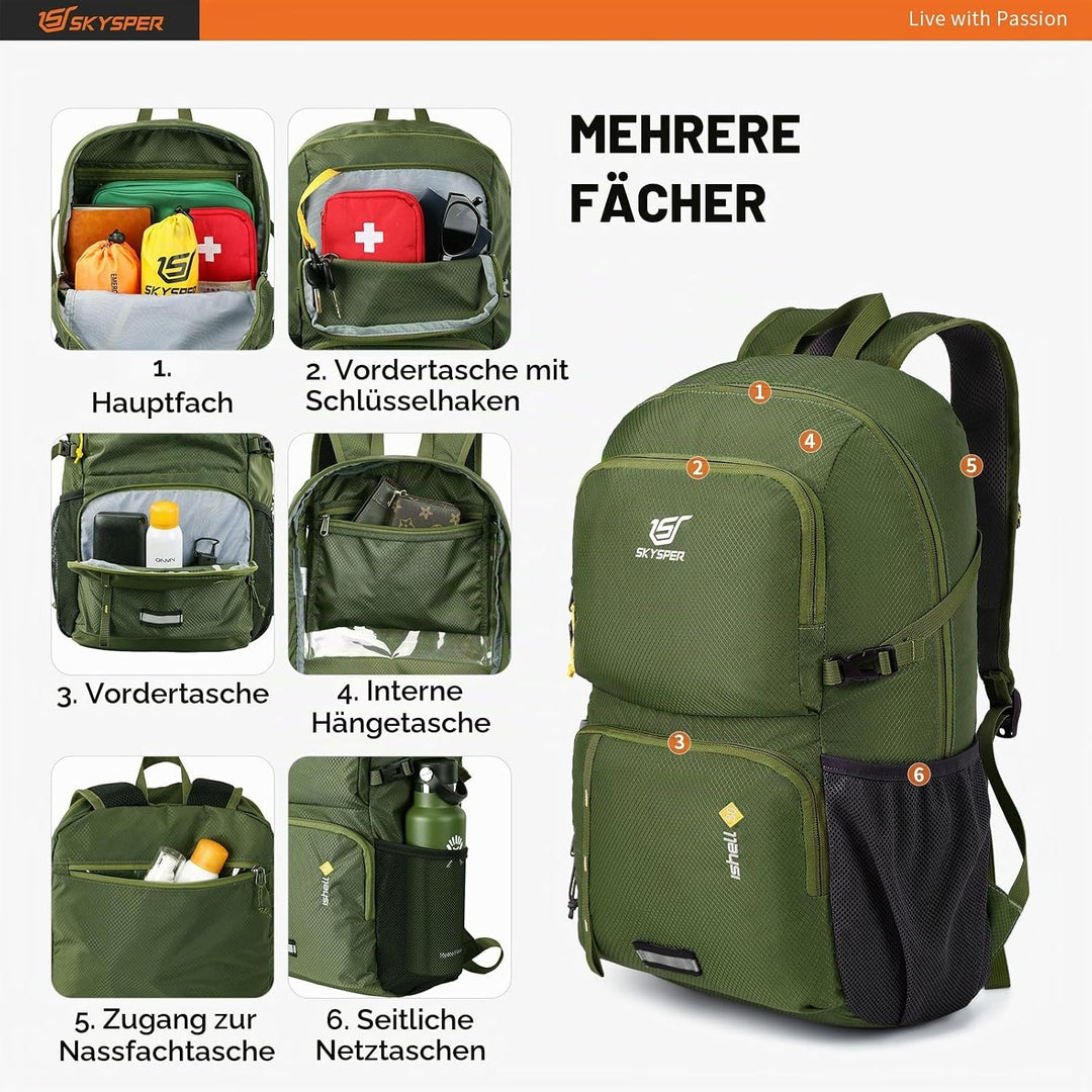 SKYSPER Ultraleichter Faltbarer Rucksack mit Nassfach - Wasserfest und Verstaubarer Daypack für Wand
