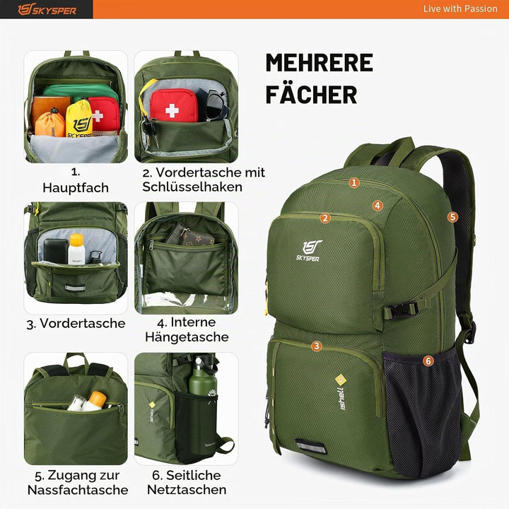SKYSPER Ultraleichter Faltbarer Rucksack mit Nassfach - Wasserfest und Verstaubarer Daypack für Wand
