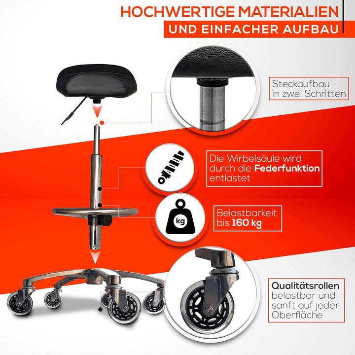 VAKON SALON - Breitsitz Rollhocker höhenverstellbar von 55-75 cm auf Premiumrollen und Fussring, Dre