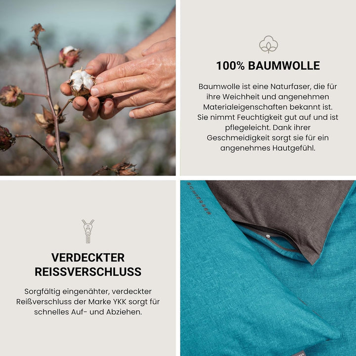 Schiesser Wendebettwäsche Doubleface Türkis-Anthrazit, 100% Baumwolle, Grösse:135 x 200 cm + 80 x 80