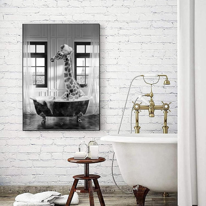 WADBTP Badezimmer Bilder,Schwarz Weiss Bilde,Lustige Tier in der Badewanne Leinwand Bilder für Wohnz