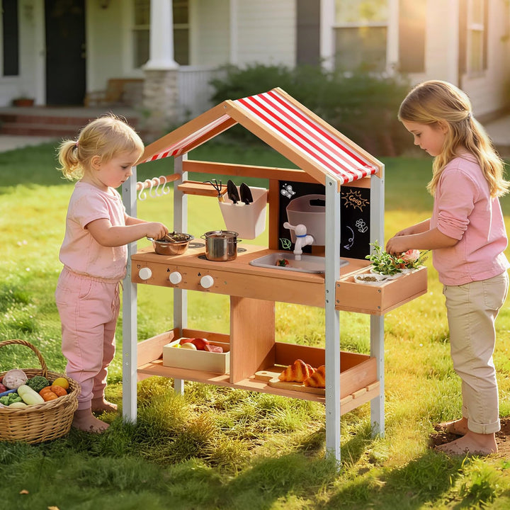 ROBOTIME Mud Kitchen Outdoor Spielset für Kinder, Spielküche mit abnehmbarem Pflanzkasten, Spüle, He