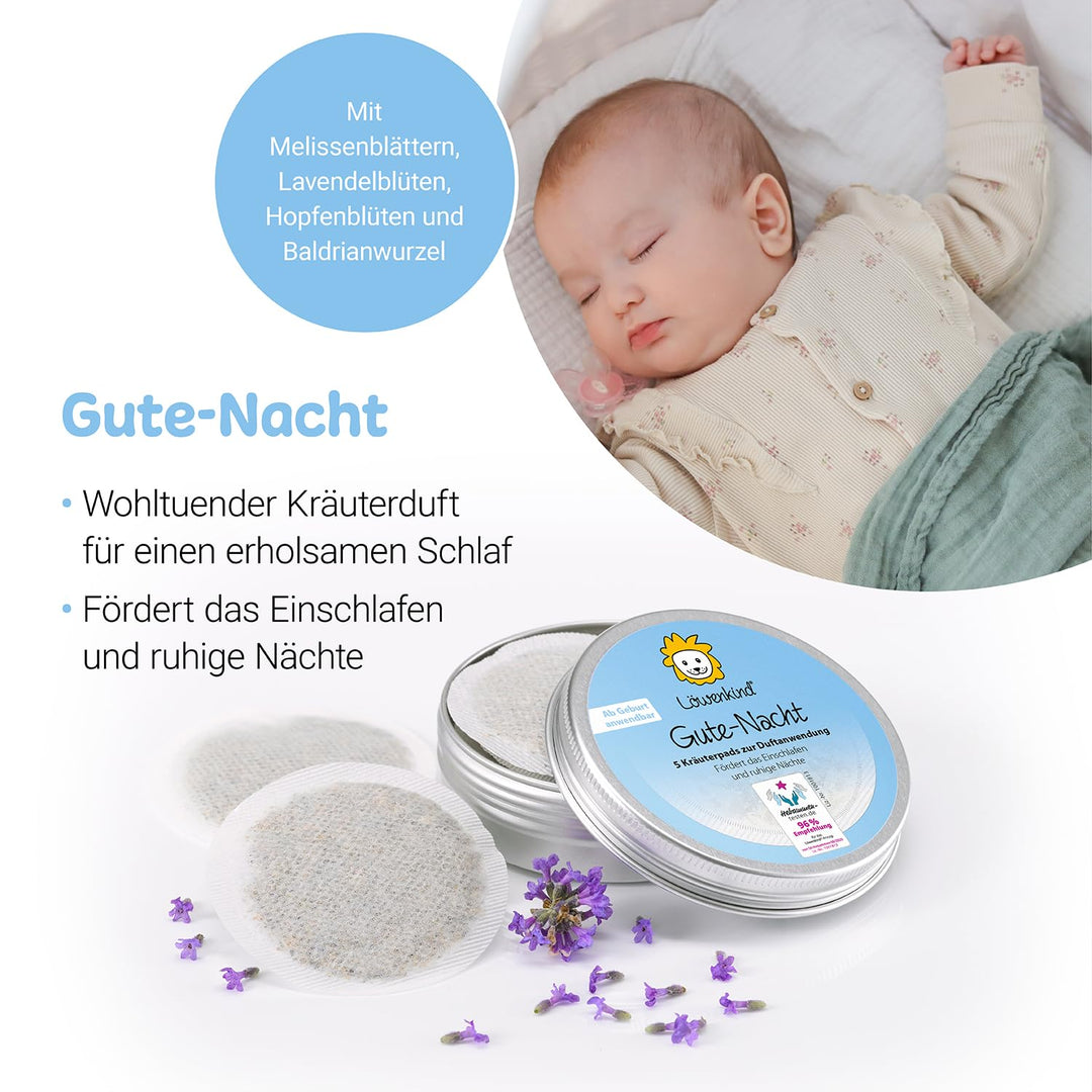 LÖWENKIND Gute-Nacht-Set für Einschlafprobleme bei Babys und Kindern Natürliche Kräuterpads ohne Zus