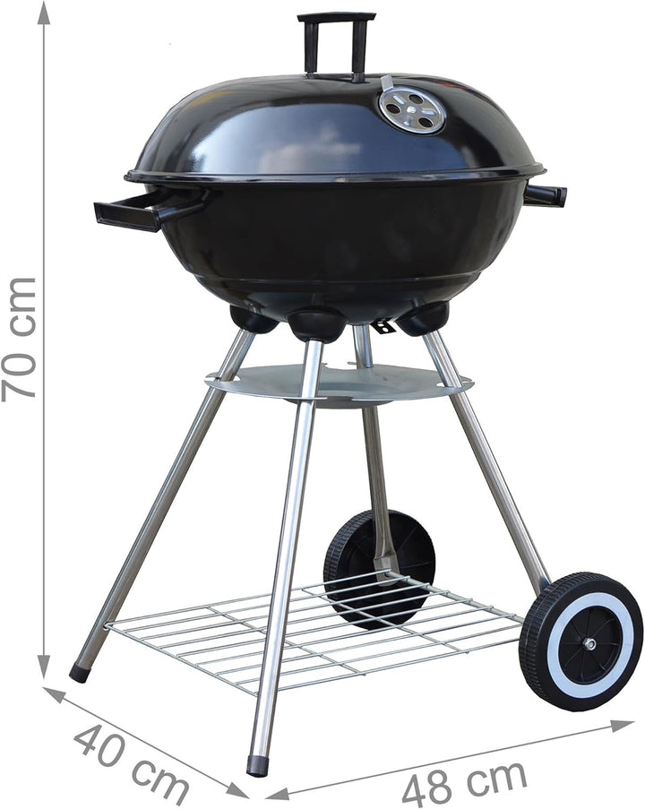 Relaxdays Kugelgrill mit Deckel, Ablage & Aschetopf, fahrbar, Garten & Camping, Grill ∅ 40 cm, Holzk