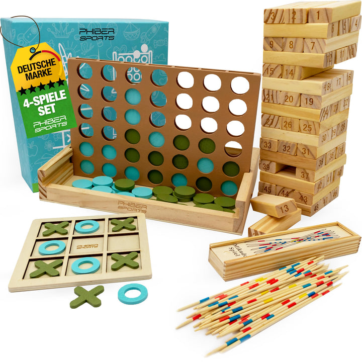 PHIBER-SPORTS 4-in-1 Holz Spielesammlung: Wackelturm, Vier-in-Einer-Reihe, Tic Tac Toe & Mikado Kind